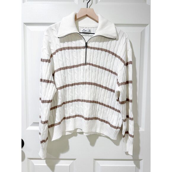 Hollister Cable Knit Striped Half Quarter Zip Oversized Collared Sweater Tan M - Picture 2 of 10